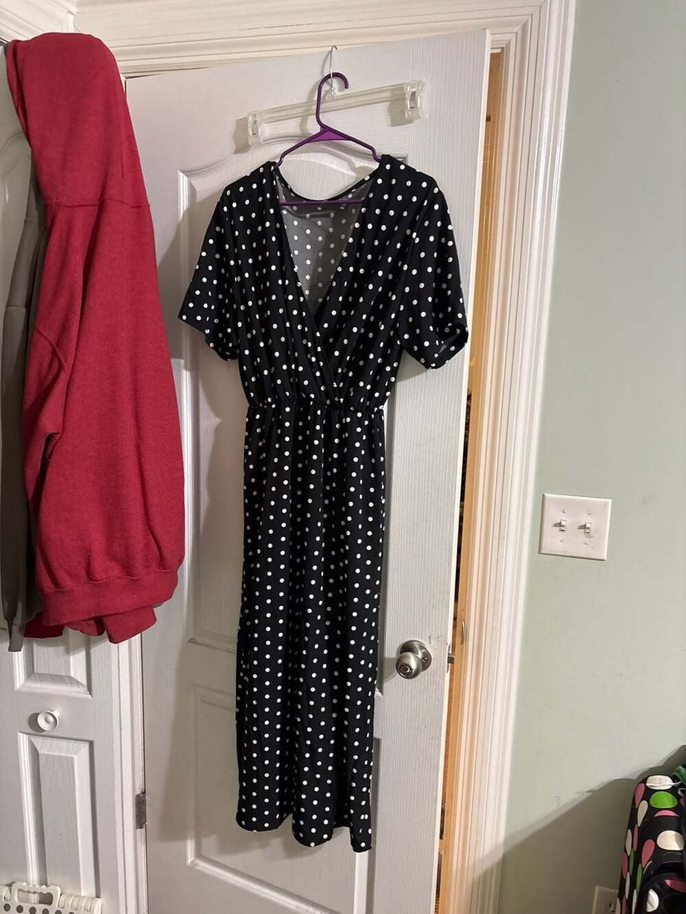 SHEIN Black and White Polka Dot Surplice Neck Tie Side Maxi Dress